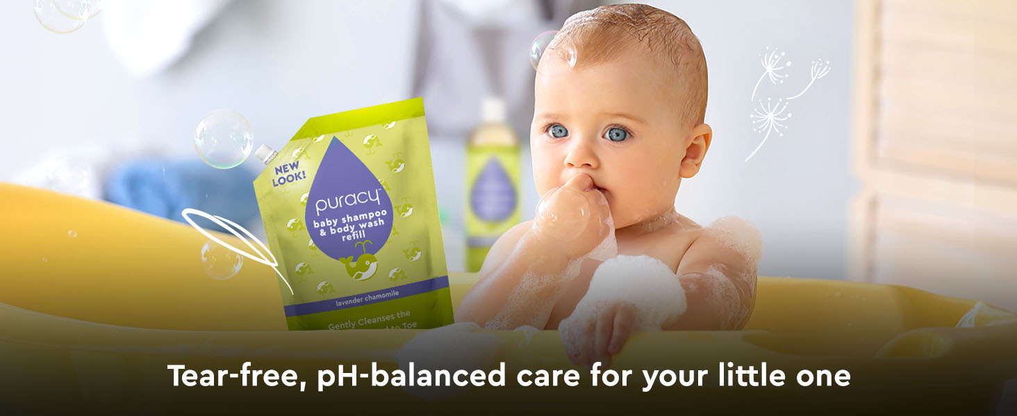Tear-free, PH-balanced baby bath time using Puracy baby shampoo and body wash