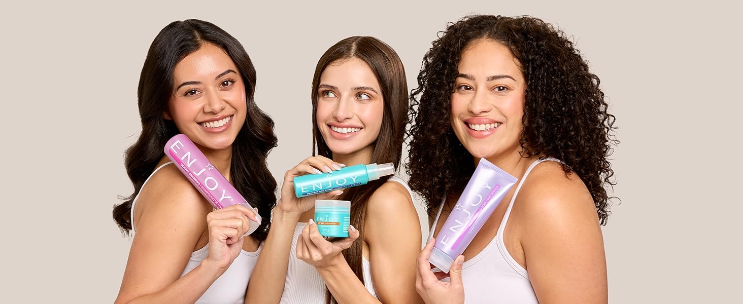 Three models holding Enjoy Products