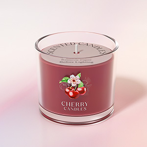 cherry and vanilla scented candle in a glass jar