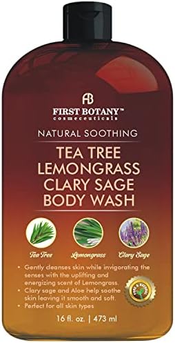 First Botany, ALL Natural Body Wash, Fights Body Odor, Athlete's Foot, Jock Itch, Dandruff, Acne, Eczema, Shower Gel for Women & Men, Skin Cleanser -16 fl oz (Tea Tree, Lemon Grass, Clary Sage)