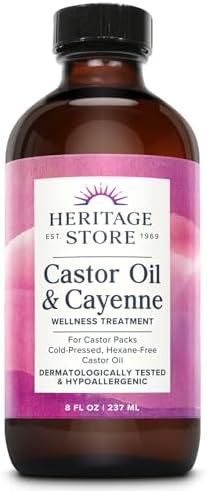 HERITAGE STORE Castor Oil & Cayenne - Cold Pressed Organic Castor Oil Pack Wrap - Heat Compress for Abdomen, Joints, Overall Wellness - with Cayenne Pepper - Hypoallergenic, Vegan, Cruelty Free, 8oz