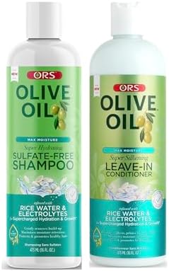 ORS Brand Max Moisture Super Hydrating Sulfate-Free Shampoo with Olive Oil, Rice Water, and Electrolytes - Leave-In Conditioner - Bundle