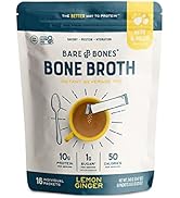 Bare Bones Bone Broth Instant Powdered Mix, Lemon Ginger, Pack of 16, 15g Sticks, 10g Protein, Ke...