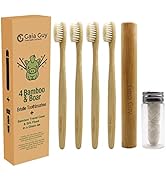 Gaia Guy Bamboo and Boar Bristle Toothbrush (4 Pack) + Travel Case & Silk Dental Floss | 100% Com...