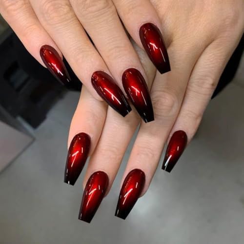 ANDGING Ombre Red Black Press on Nails Coffin Medium Long Fake Nails with Ombre Designs Manicure Full Cover Pressons Fake Nails Gel Classy False Nails for Wedding Acrylic stick on nail for Women