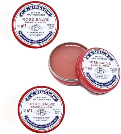 C.O. Bigelow Rose Salve Tins, Pack of 3 Lip Balm Tins, All Purpose Salve for Lips, Cuticles, Hands & Dry Skin, Lip Balm Set, 0.8 oz
