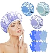 my novel things Shower Cap Reusable Waterproof 3PC with Exfoliating Bath Glove 3 Pairs, Large Sho...