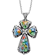 Shop LC Colorful Rainbow Cross Necklace Yellow Gold Black Oxidsized Murano Style Millefiori Glass...
