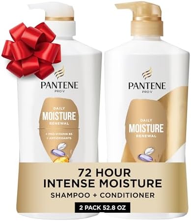 Pantene Shampoo & Conditioner Set, Daily Moisture Renewal - Pro-V Nutrients for Dry, Color-Treated, Straight to Curly Hair, 72-Hour Hydration & Softness, 52.8 Oz Total + Miracle Rescue Shot (0.5 Oz)