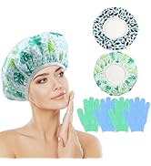 my novel things Shower Caps Terry Lined 2PC with Exfoliating Bath Gloves 2 Pairs, Terry Cloth Sho...