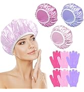 my novel things Shower Cap Reusable Waterproof 3PC with Exfoliating Bath Glove 3 Pairs, Large Sho...