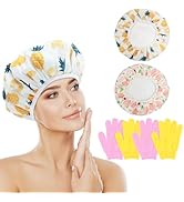 my novel things Shower Caps Terry Lined 2PC with Exfoliating Bath Glove 2 Pairs, Terry Cloth Reus...