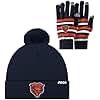 FOCO Chicago Bears NFL Logo Adult Stretch Gloves with Winter Knit Hat Pom Beanie Set, Team Color