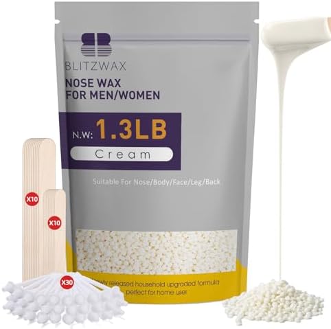 BLITZWAX 1.3lb Hard Wax Bead Kit for Men and Women Hair Removal, Cream Scent Wax Beans for Nose, Sensitive Skin, Brazilian, Body, Face, Waxing Pearls Bulk with 50pcs Sticks for Beginners and Home Use