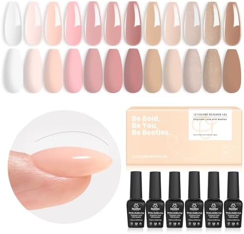 Beetles Builder Gel Set,12 Colors 7 in 1 Nail Thickening Strengthening Building Apex for Beginner DIY Salon at Home,Pink Nude Gel Builder Nail Art Design Beauty Gifts for Women,UV & LED Lamp Needed