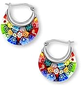 Murano Style Glass Hoop Earrings for Women Trendy Daisy Flower Stainless Steel Dangle Fun Vibrant...