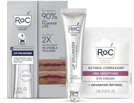 RoC Derm Correxion Lip Volumizer - Lip Plumper Peptide Treatment with Hyaluronic Acid & Vitamin E + Line Smoothing Eye Cream Packette