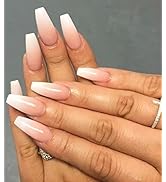 Morily Press on Nails - Pink Ombre Coffin Fake Nails Medium Length, French Tip Glossy False Stick...