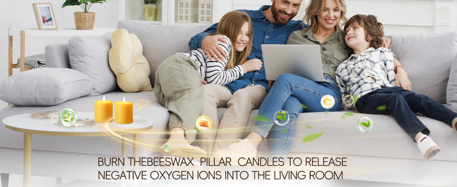 Burn theBeeswax Rolled Pillar Candles to release negative oxygen ions into the living room
