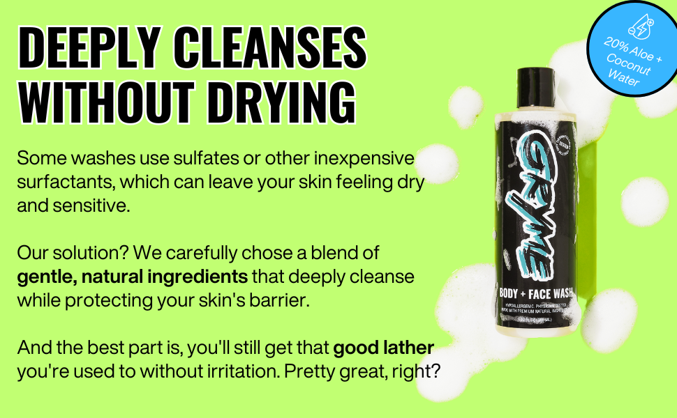 Gryme Body + Face Wash deeply cleanses without drying
