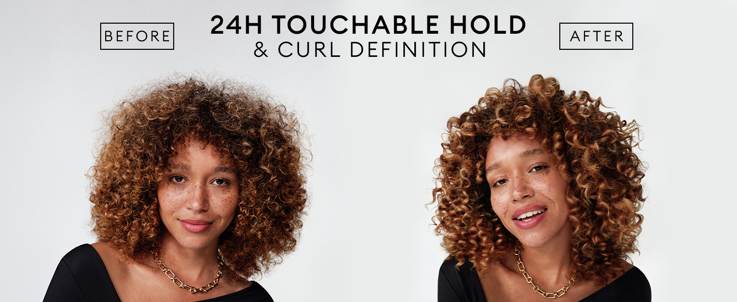 Same woman with defined, bouncy curls showing before and after results of 24H touchable hold.