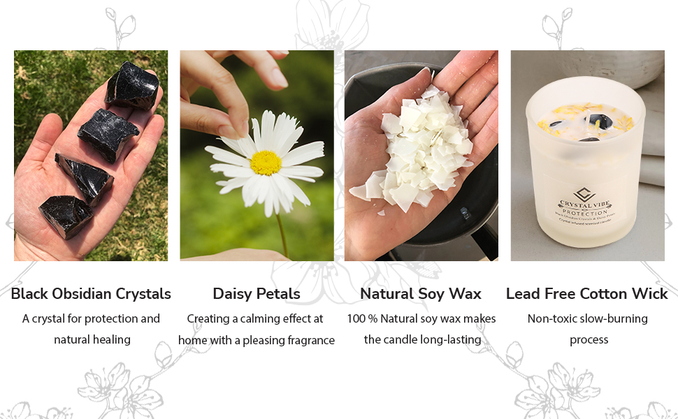 Protection Crystal Candle Vanilla Scented Candle With Black Obsidian Crystals and Daisy Petals
