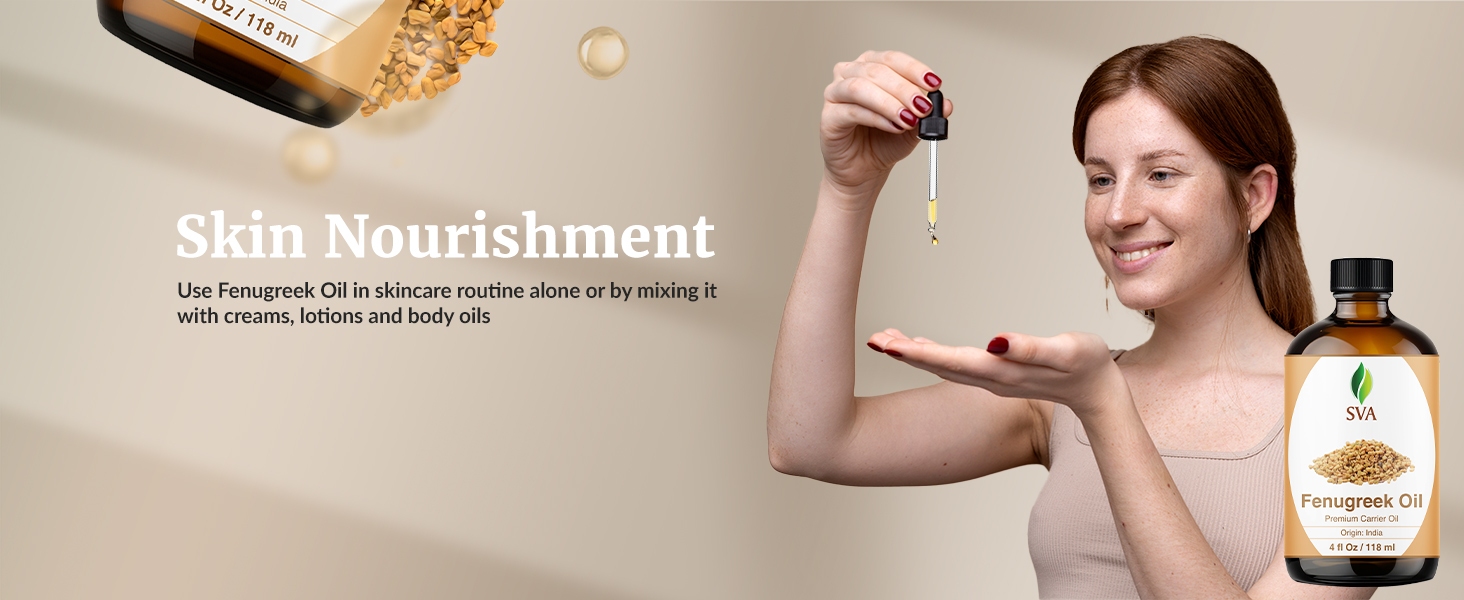 A smiling lady massaging her face with fingertips using fenugreek oil from bottle for skincare