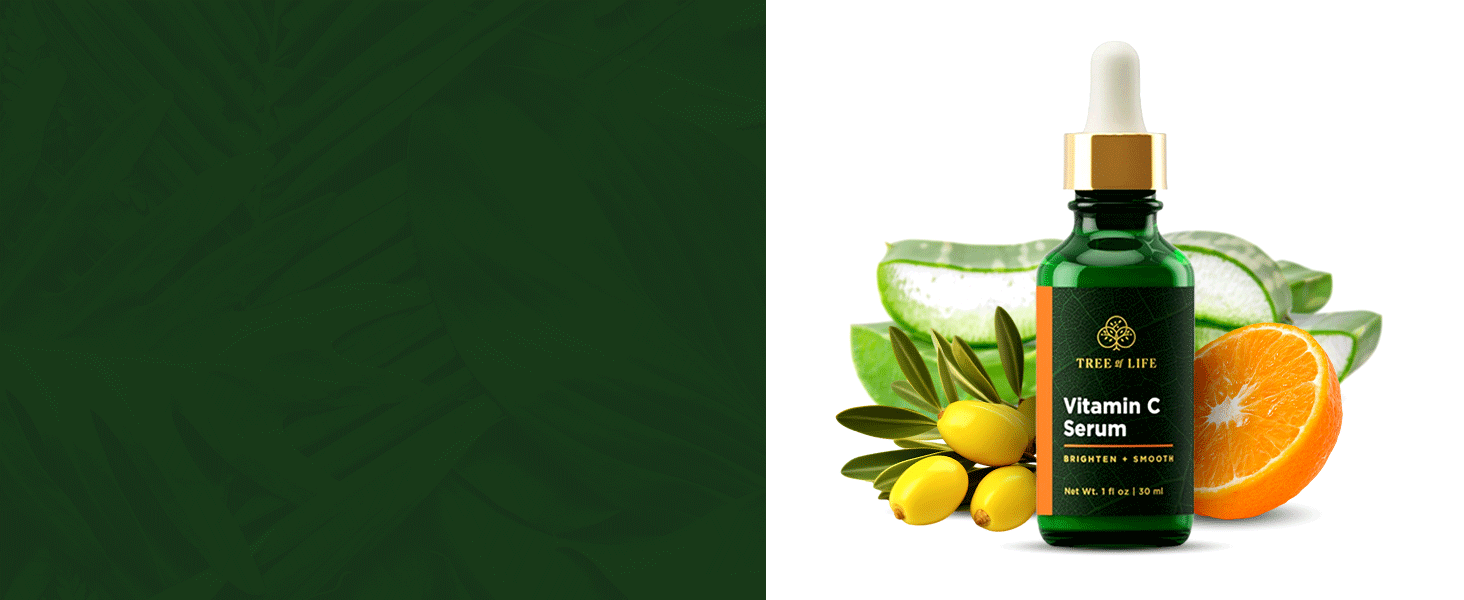 Vitamin C serum ingredients, including neroli, jojoba, and aloe vera