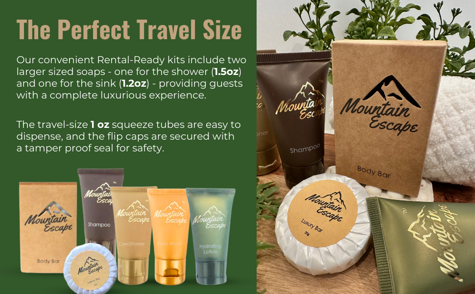 Air bnb hotel amenities travel toiletry kits used in Mountain theme properties cabins 