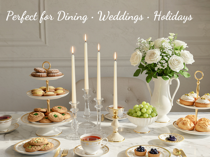 Taper candles add a warm, elegant glow to the dining table, perfect for dinners and gatherings