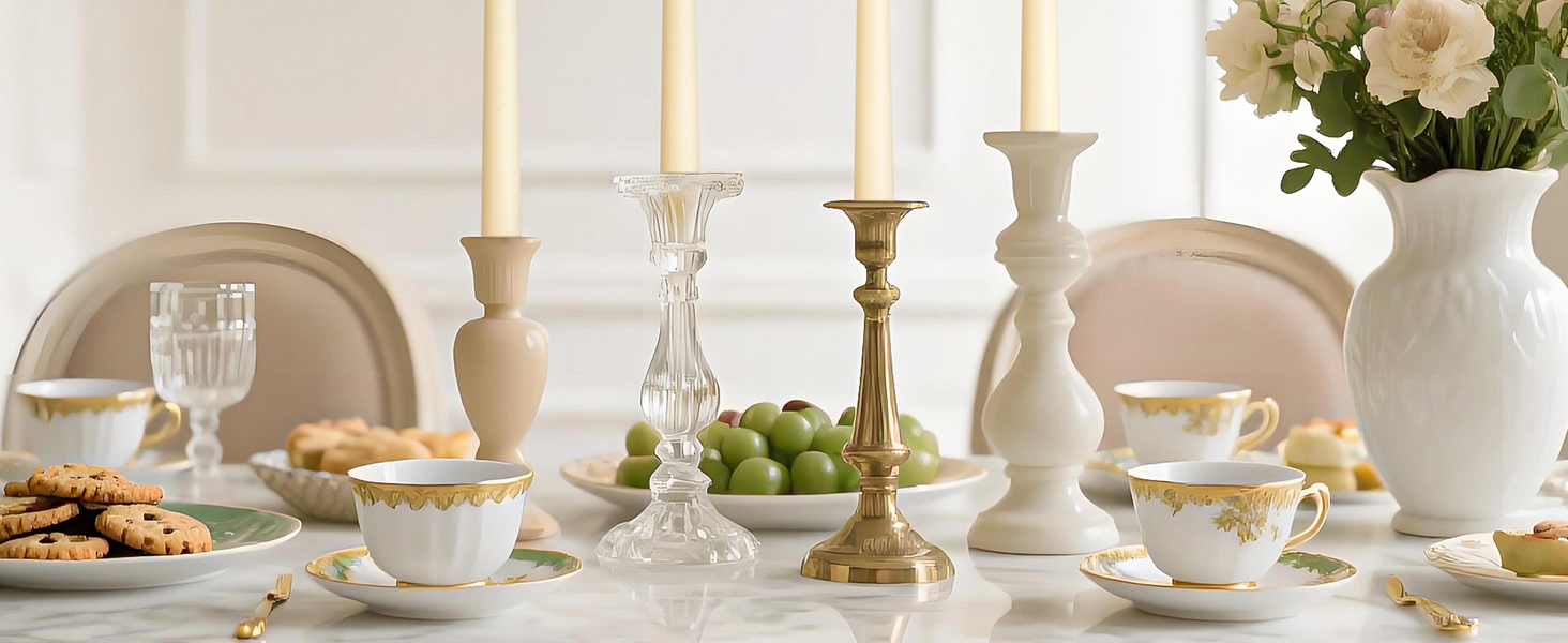 Taper candles add a warm, elegant glow to the dining table, perfect for dinners and gatherings