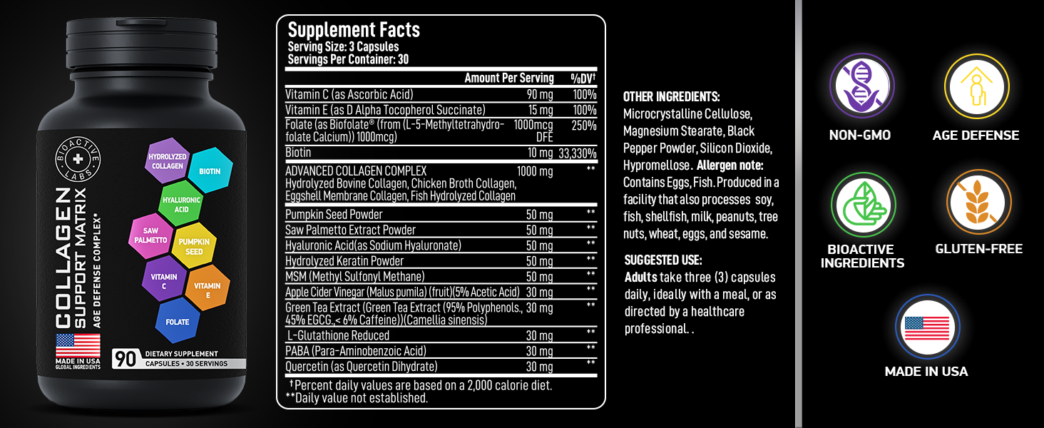 Bioactive Labs Age Defense Support Collagen Matrix - 1,000mg Hydrolyzed Collagen Complex DHT Block