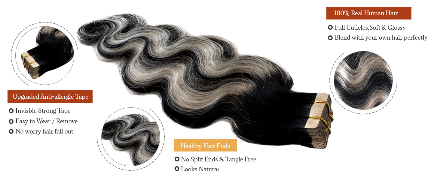 balayage silver grey highlights body wave tape ins for black women