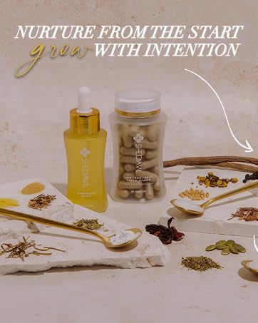 Iconic Duo Growth Oil Elixir Serum and Hair Vitamins around spoons full of spices and herbs