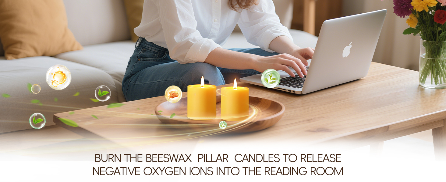 Burn the Beeswax Rolled Pillar Candles to release negative oxygen ions into the reading room