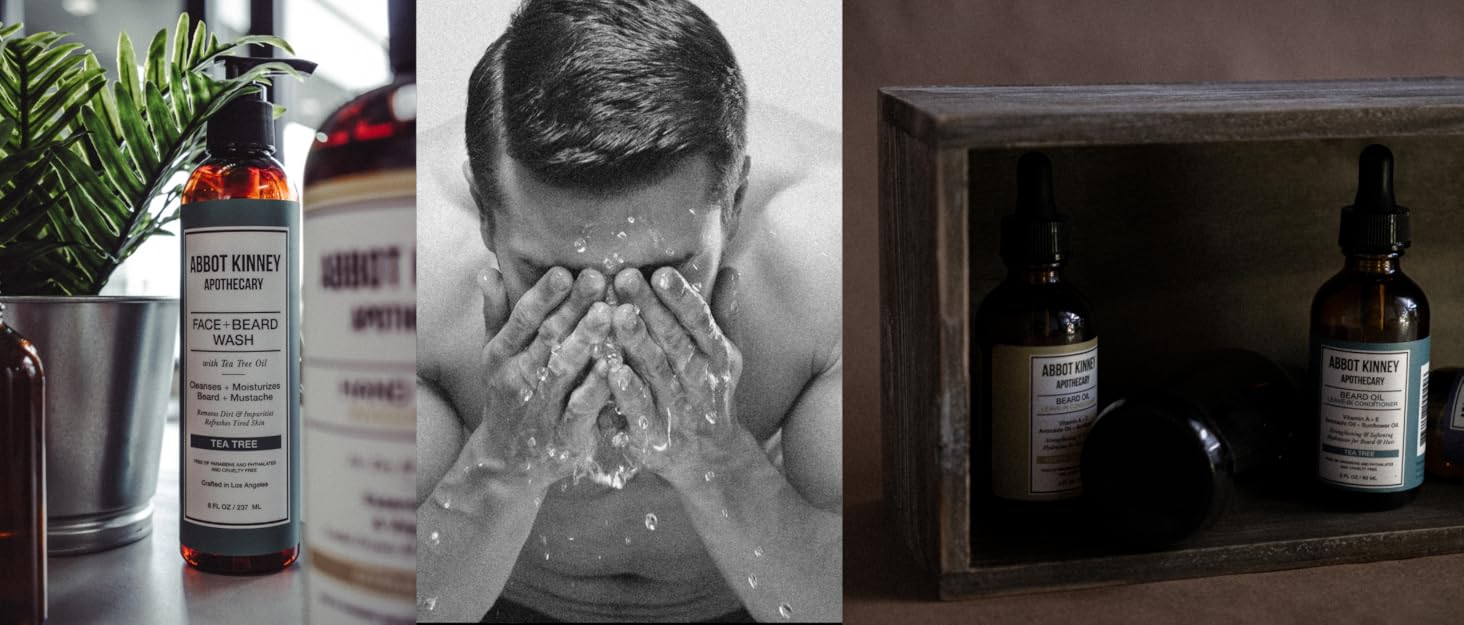 mens 3 in 1 wash by Abbot Kinney Apothecary with men washing face in a rugged and fresh background
