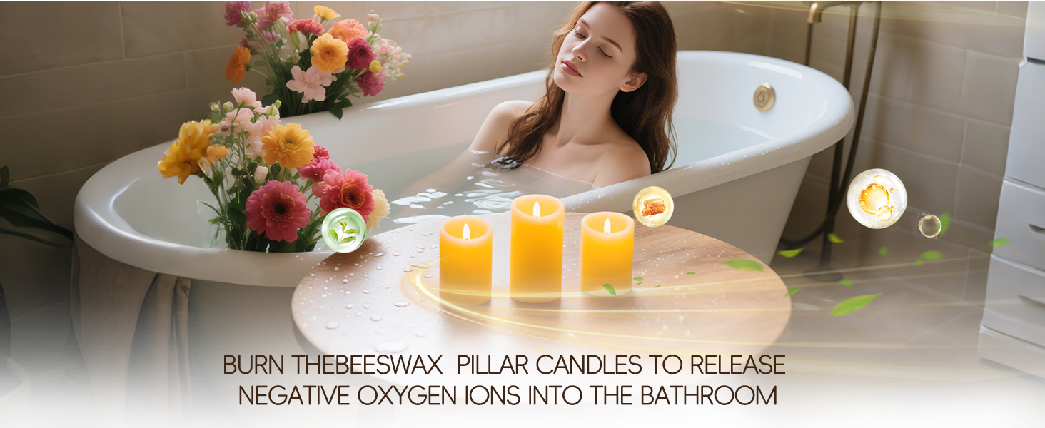 Burn theBeeswax Rolled Pillar Candles to release negative oxygen ions into the bathroom