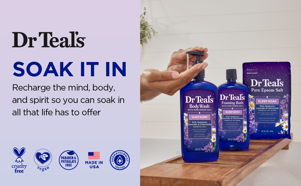 Melatonin body wash, foaming bath & epsom salt on counter