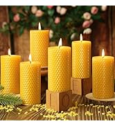 6 Pack Natural Beeswax Pillar Candles,Handmade Pure Beeswax Rolled Candles-120 Hours Long Burning...