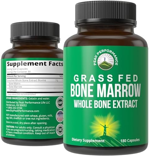 Peak Performance Grass Fed Bone Marrow - Whole Bone Extract Supplement 180 Capsules Superfood Pills Rich in Collagen, Vitamins, and Amino Acids. from Bone Matrix, Marrow, Cartilage. Ancestral Tablets