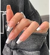 Morily Light Pink White French Tip Press on Nails, 30Pcs Long Coffin Thicker Fake Nails Reusable ...