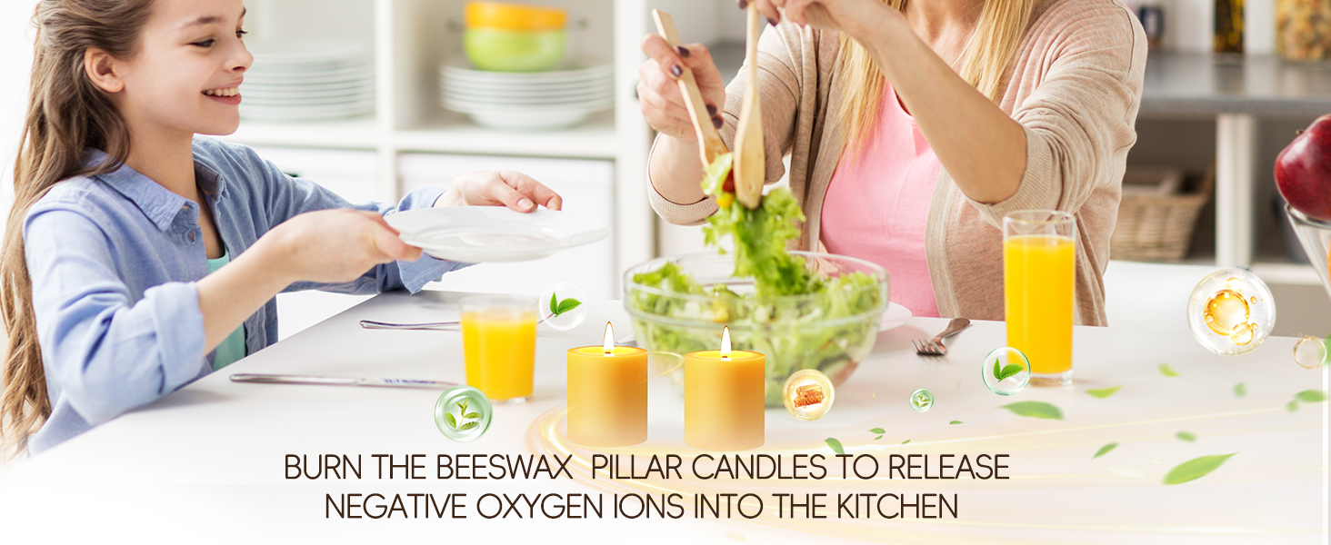 Burn the Beeswax Pillar Candles to release negative oxygen ions into the kitchen