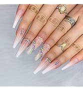 Morily 24pcs Fake Nails Ombre Ballerina Long Crystal Rhinestones Luxury Coffin Press on Nail Fals...