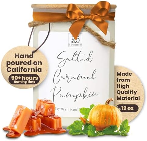 BB Candles Winter & Fall Collection - Natural Soy Hand Poured Fragrant Candles, Frosted Jars with Bamboo Lid, Home Decor & Relaxation, 90+ Hours Burn Time, 12oz (Fall Label - Salted Caramel Pumpkin)