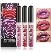 NVLEPTAP 3PCS Liquid Glitter Lipstick Glitter Lip Gloss Set,Diamond Shimmer Matte Lipstick Set Lo...