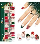 EBANKU 24PCS Christmas Semi-Cured Gel Nail Strips, Santa Claus Adhesive Gel Nail Art Sticker, Wat...