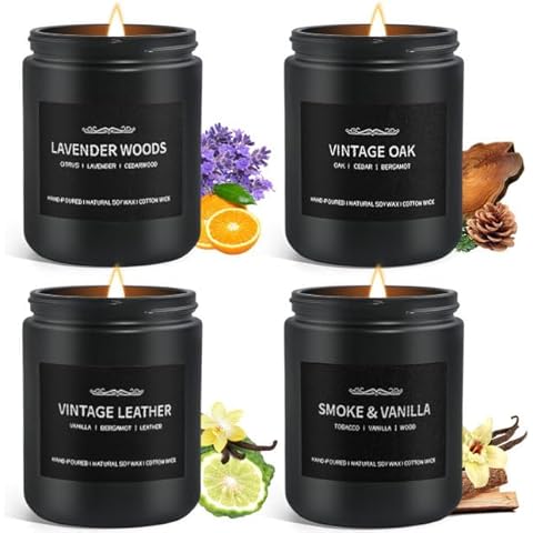 JXDLSQ Scented Candle Set, Men Candle Set, Scented Candles for Home, Gifts for Men, 4 Pack Manly Candles Gifts for Mens Scents of Smoke Vanilla/Leather/Oak/Lavender Wood