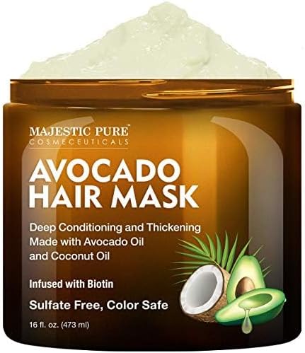 Majestic Pure Avocado and Coconut Hair Mask for Dry Damaged Hair - Infused with Biotin - Deep Conditioning, Hair Thickening, for Healthy Hydrated Hair, Sulfate Free, 16 fl oz