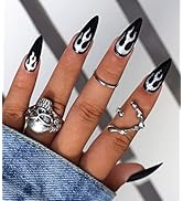 morily Black Press on Stiletto Nails Medium Length Glossy Fake Nails with Fire Pattern Design Acr...