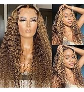 20Inches Water Wave Blonde Highlight 4x4 Lace Closure Wig #4/27 Brown Honey Blonde Ombre Human Ha...